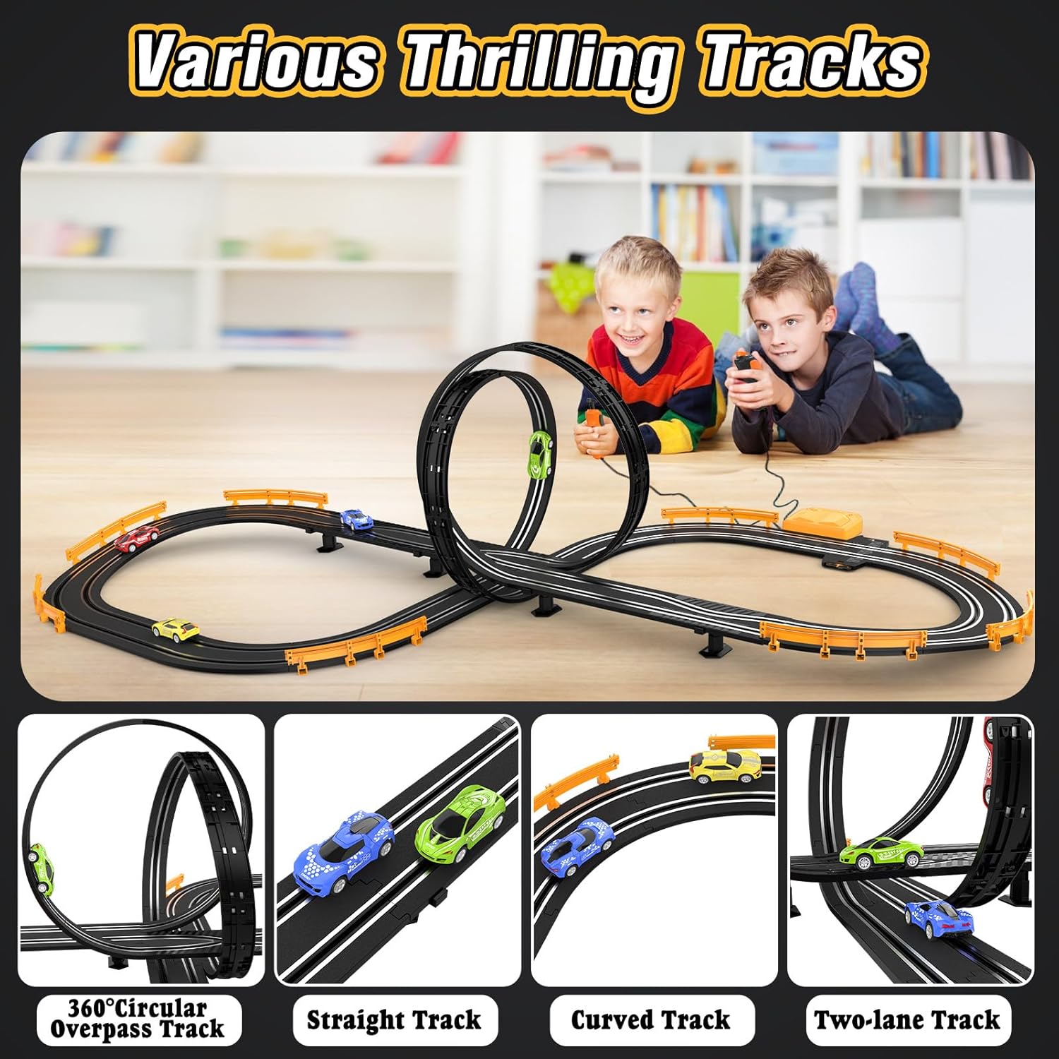 Slot-Car-Race-Track-Sets for Boys Kids, Battery or Electric Race Car Track with 4 High-Speed Slot Cars, Dual Racing Game 2 Hand Controllers Circular Overpass Track, Toys Gifts for 6-8 8-12 Boys Girls 24hrsmart